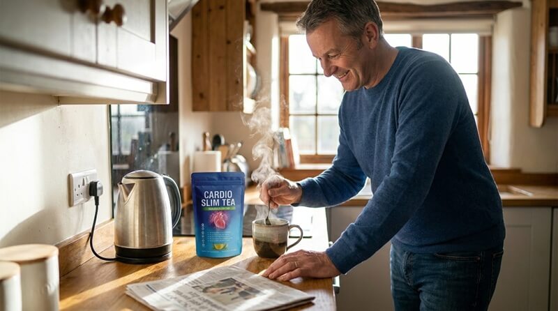 man in mid age drinking cardio slim tea in the kitchen while smiling