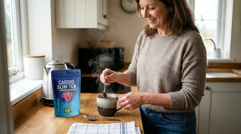 mom in kitchen puting cardio slim tea in a cup to drink it